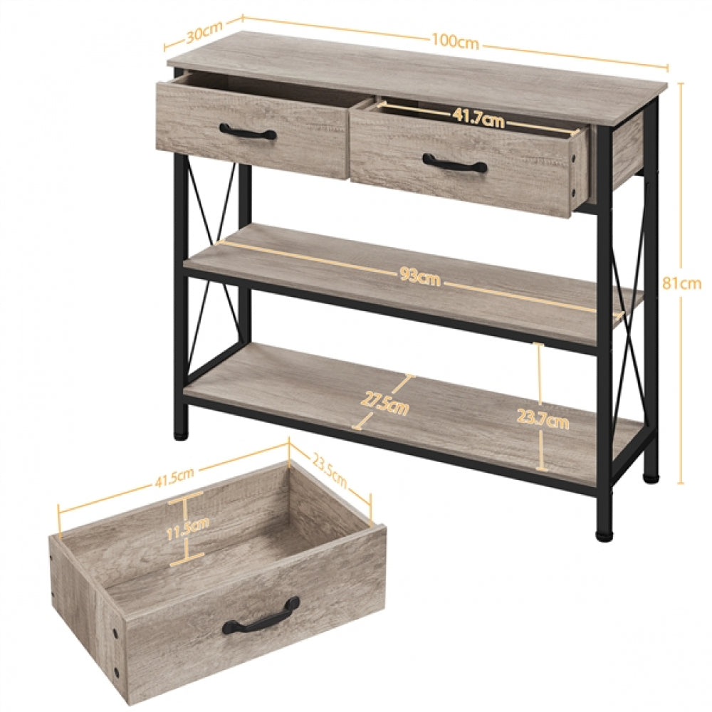 Industrial 3-Layer Console Table with 2-Drawers & 2-Shelves