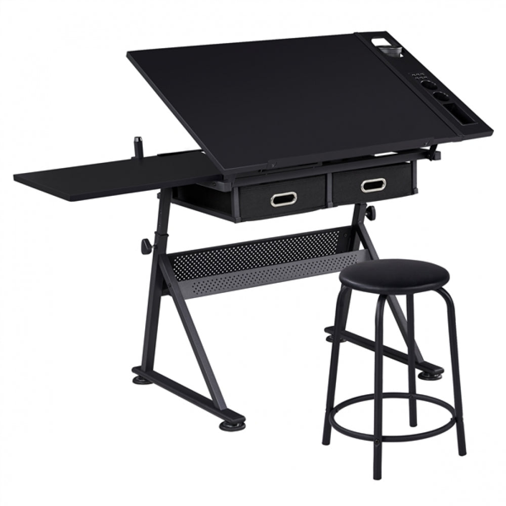 Drafting Table/Stool Set with Adjustable Table Angles & Heights All-in-One