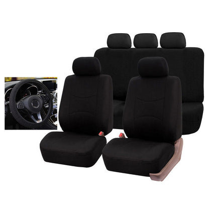 Car Seat Cover 5 Seater Front Rear Cushion Mat Polyester Steering Wheel Cover