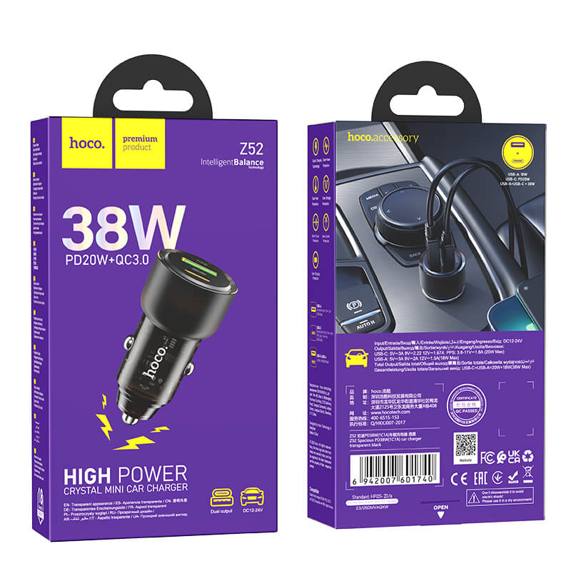 Hoco Crystal Mini Fast Car Charger U+C PD 20W Z52