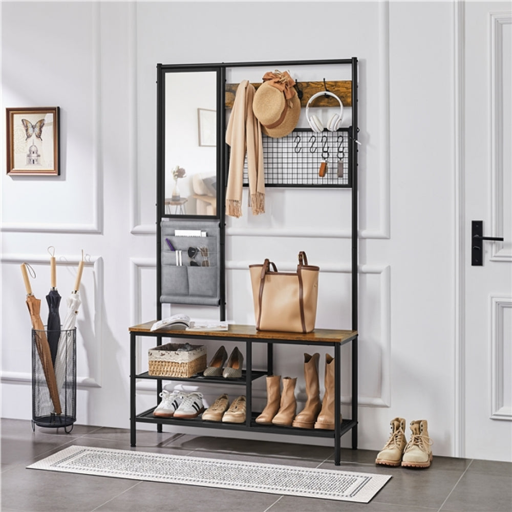 Six-in-one Hall Tree with Shoe Storage Bench/ Mirror/ Storage Bag/ Coat Rack
