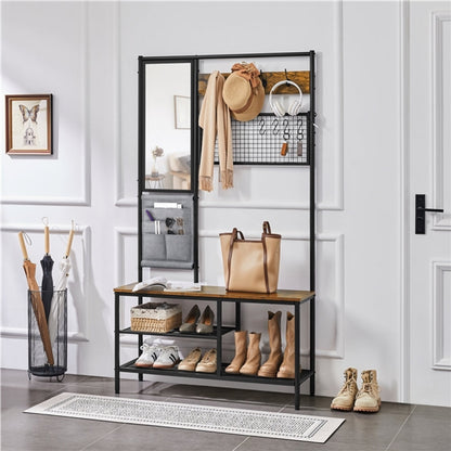 Six-in-one Hall Tree with Shoe Storage Bench/ Mirror/ Storage Bag/ Coat Rack