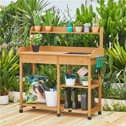 Potting Bench Table Removable Sink Firwood Drawer Open Multiple Shelves