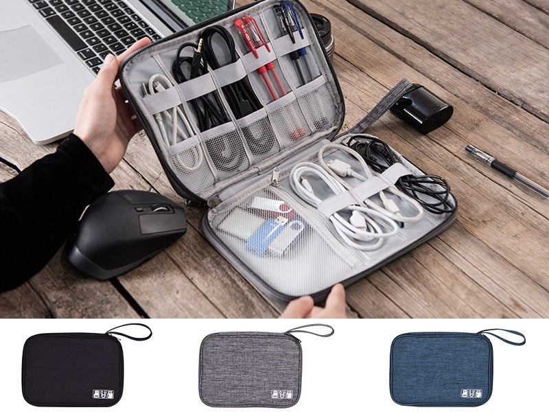 2 Layer Waterproof USB Cable Charging Storage Bag Phone Pad Zip Organiser - BK