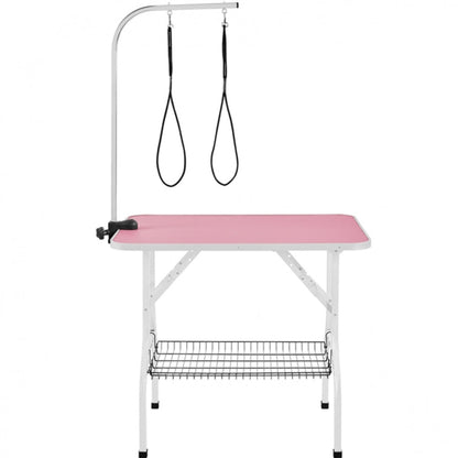 Dog Grooming Table with Basket Style Tool Shelf and Adjustable Arm Fold-up Pet Salon Table