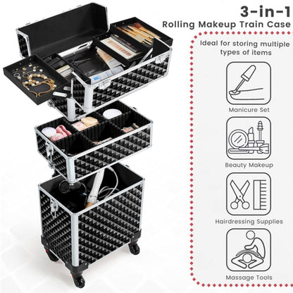 3-in-1 Rolling Makeup Train Case Portable Cosmetic Trolley