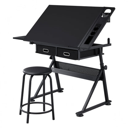 Drafting Table/Stool Set with Adjustable Table Angles & Heights All-in-One