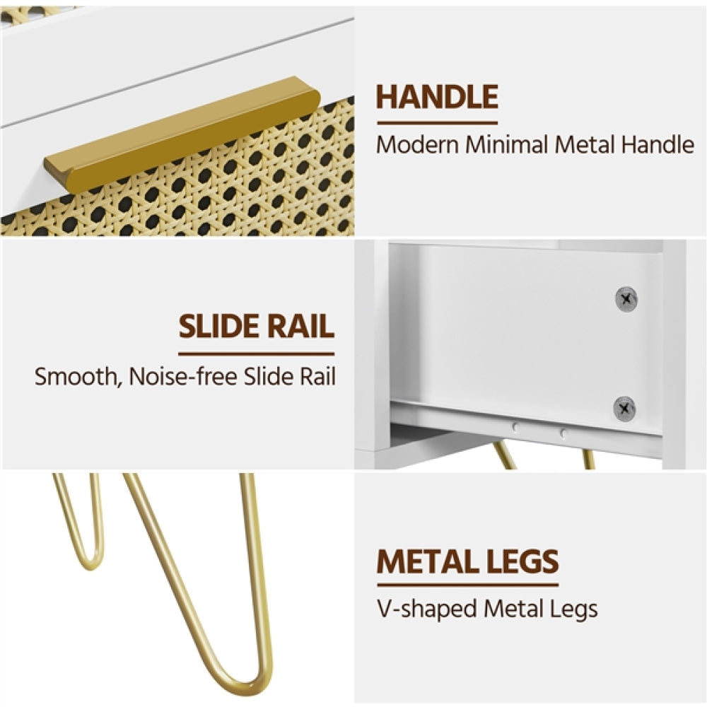 Wooden Nightstand Rattan Veneered Bedside Table