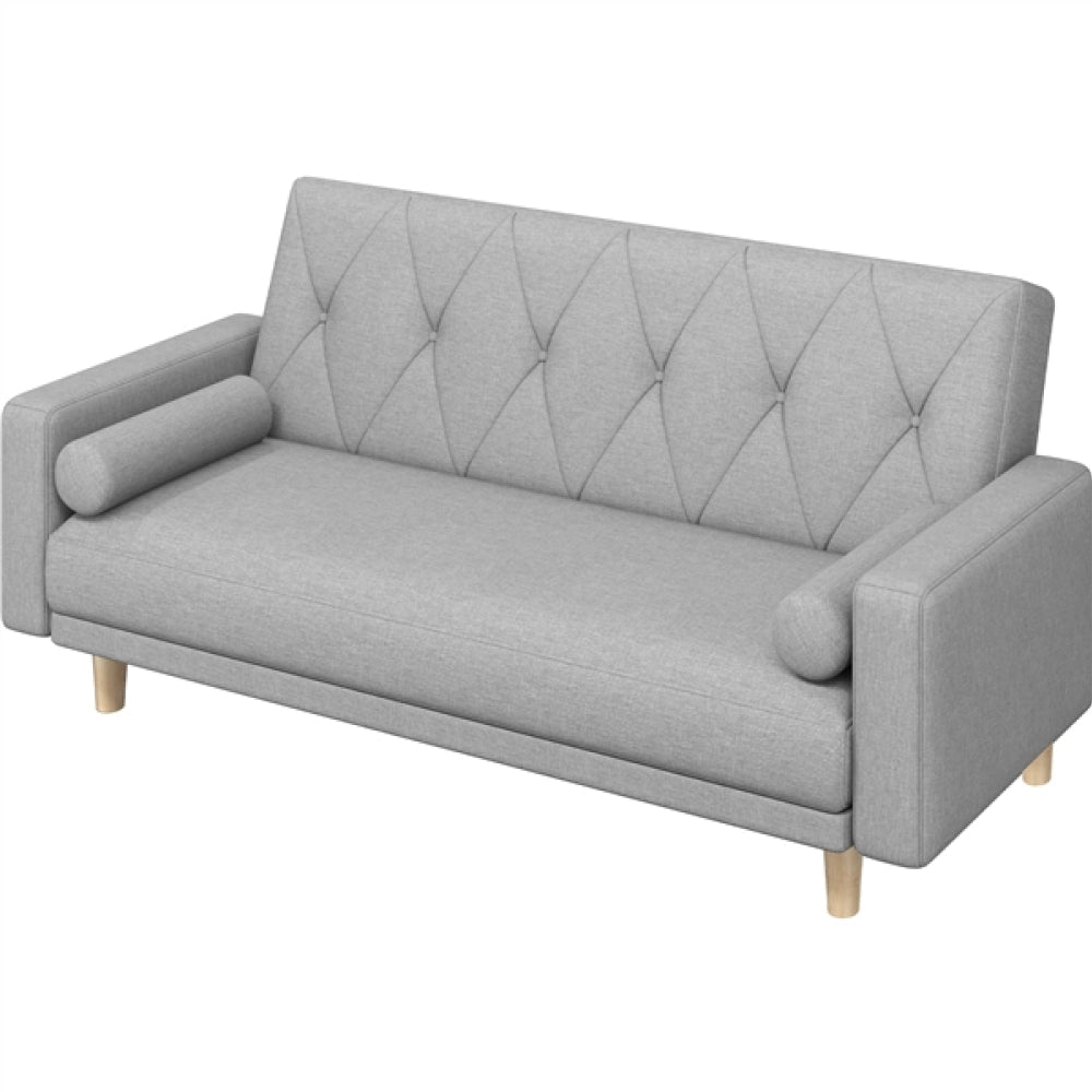 Button-tufted Fabric 3-Seater Sofa Bed W/ 2 Bolster Pillows