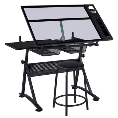 Height Adjustable Glass Drafting Table & Stool Set Art Table