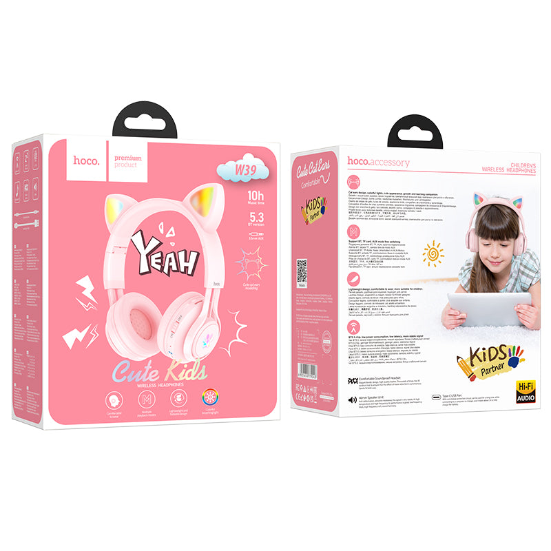 Hoco Cat Ear Bluetooth Headphones for Girls and Kids Ages 3+ W39