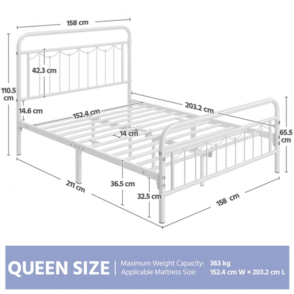 Metal Platform Bed Frame with Vintage Headboard and Footboard