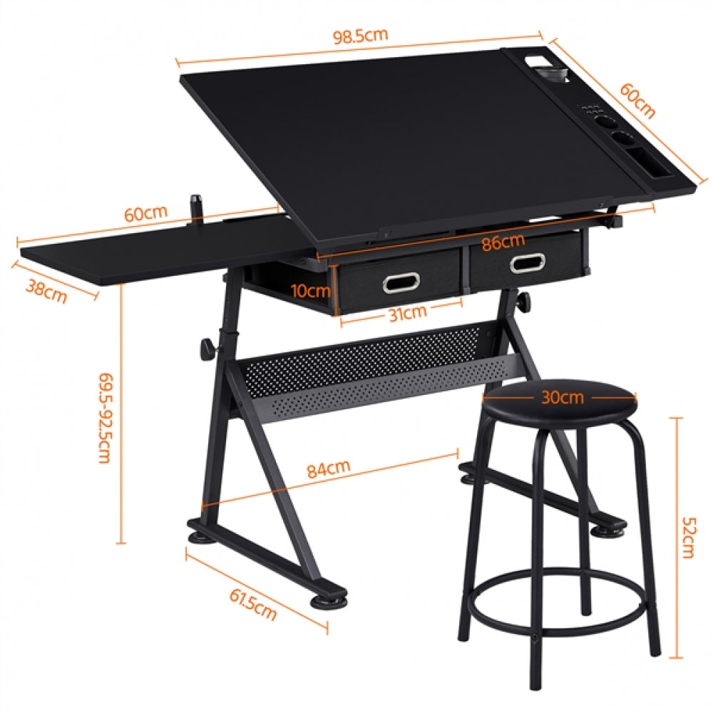 Drafting Table/Stool Set with Adjustable Table Angles & Heights All-in-One