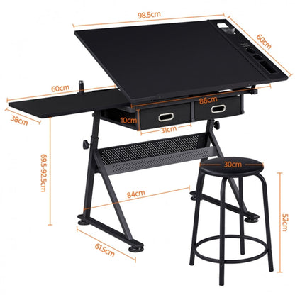 Drafting Table/Stool Set with Adjustable Table Angles & Heights All-in-One