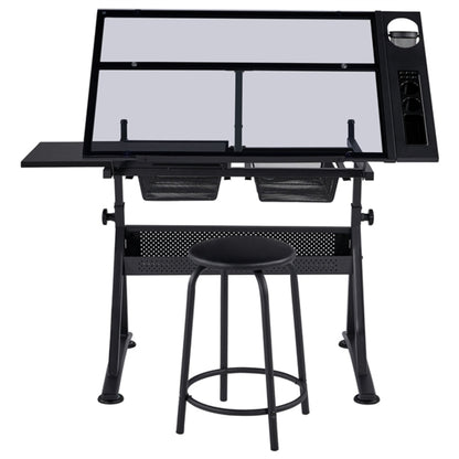 Height Adjustable Glass Drafting Table & Stool Set Art Table