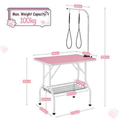 Dog Grooming Table with Basket Style Tool Shelf and Adjustable Arm Fold-up Pet Salon Table