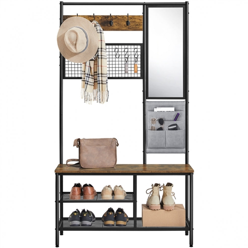 Six-in-one Hall Tree with Shoe Storage Bench/ Mirror/ Storage Bag/ Coat Rack