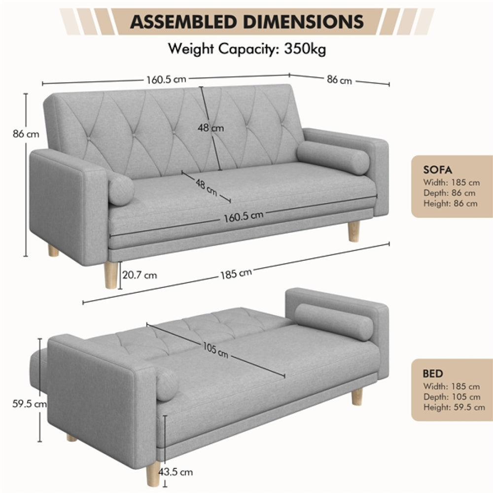 Button-tufted Fabric 3-Seater Sofa Bed W/ 2 Bolster Pillows