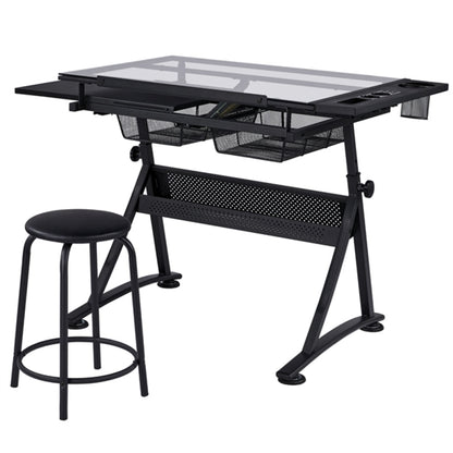 Height Adjustable Glass Drafting Table & Stool Set Art Table