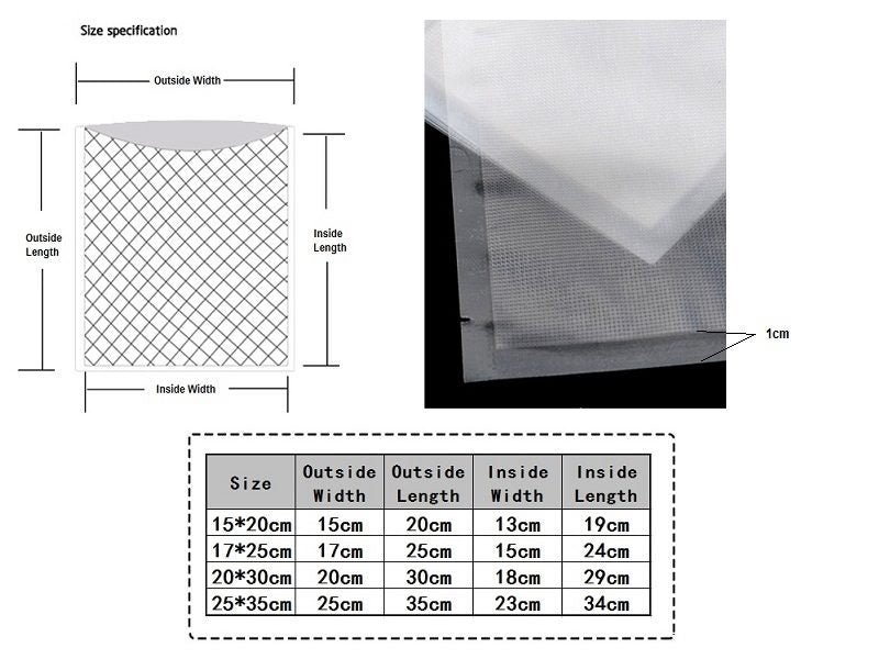 Textured Vacuum Seal Bags Pre-cut Food Storage Saver Bags Size XS-L
