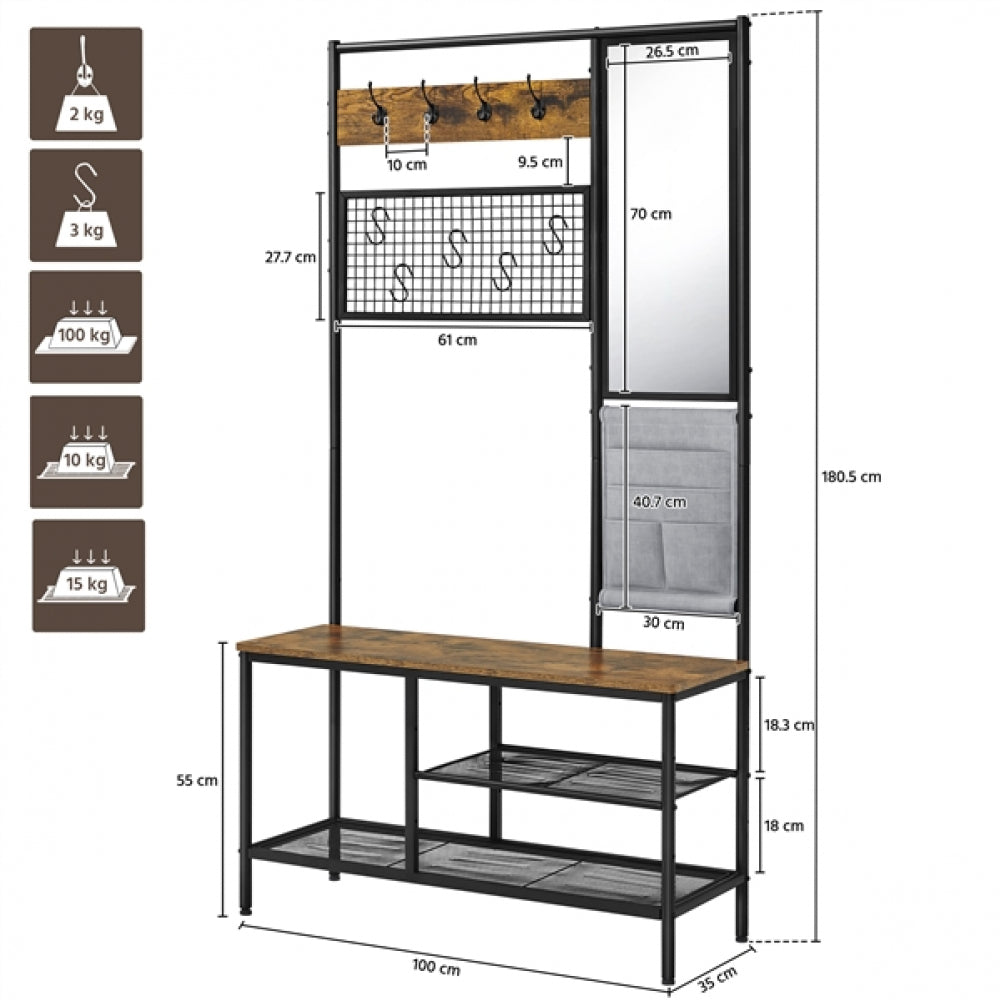 Six-in-one Hall Tree with Shoe Storage Bench/ Mirror/ Storage Bag/ Coat Rack