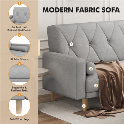 Button-tufted Fabric 3-Seater Sofa Bed W/ 2 Bolster Pillows