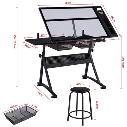 Height Adjustable Glass Drafting Table & Stool Set Art Table