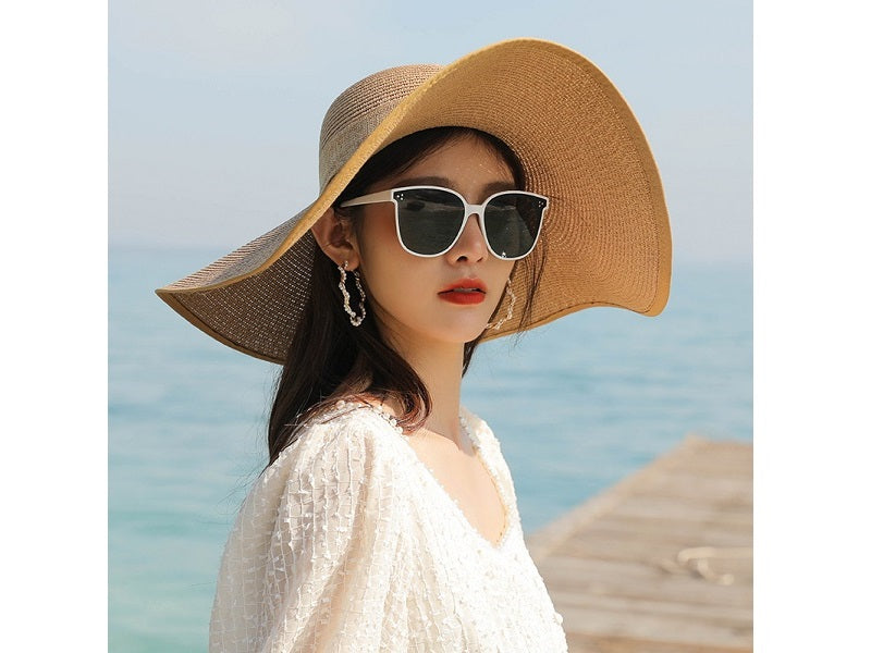 KHAKI- Women Lady Sun Straw Hat Wide Large Brim Floppy Derby Summer Beach Cap