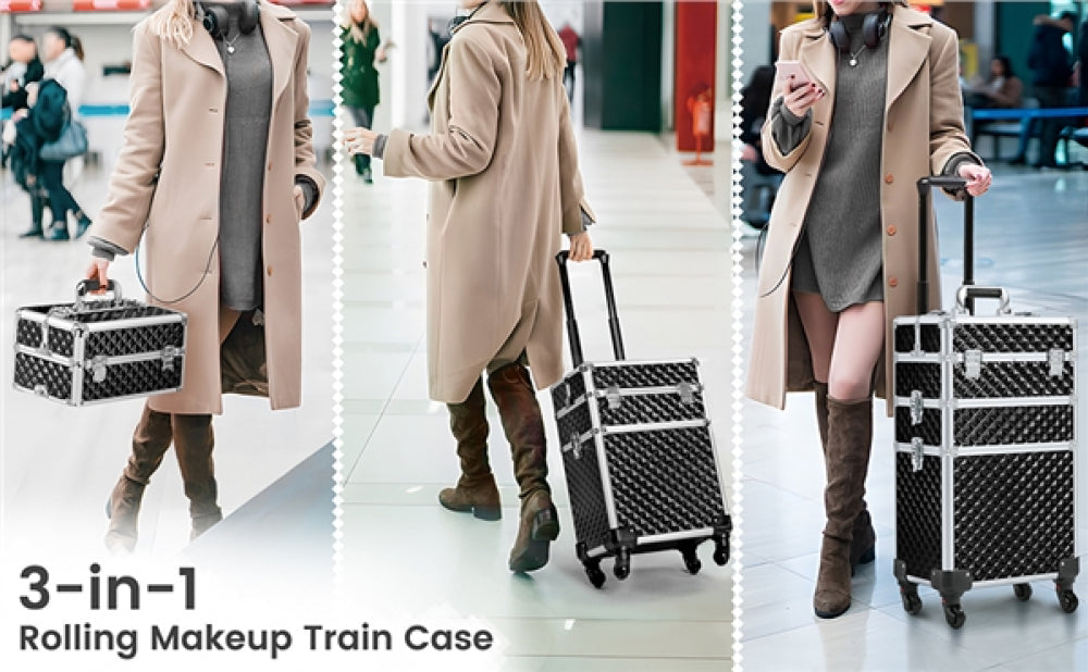 3-in-1 Rolling Makeup Train Case Portable Cosmetic Trolley