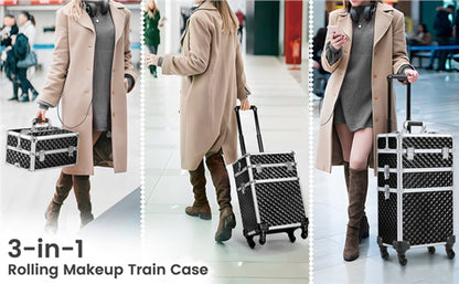 3-in-1 Rolling Makeup Train Case Portable Cosmetic Trolley