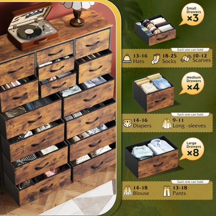 Tall Dresser for Bedroom Furniture, Fabric Dressers Storage Tower with 15 Deep Drawers