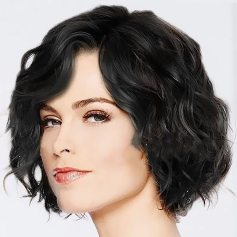 Women Short Wig with Hat Black Synthetic Hair Full Wigs High Quality