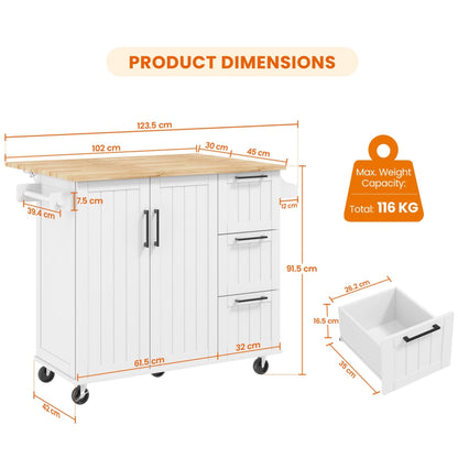 Kitchen Cart with Wood Top and Drop Leaf Breakfast Bar