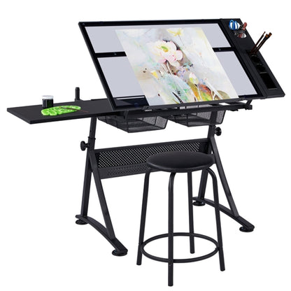 Height Adjustable Glass Drafting Table & Stool Set Art Table