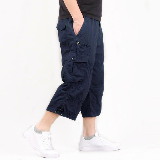 3/4 Cotton Cargo Short Pants Casual Loose Fit Outdoor Shorts Elastic Waist