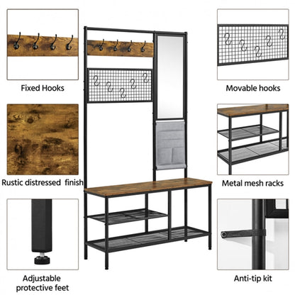 Six-in-one Hall Tree with Shoe Storage Bench/ Mirror/ Storage Bag/ Coat Rack