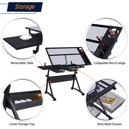 Height Adjustable Glass Drafting Table & Stool Set Art Table