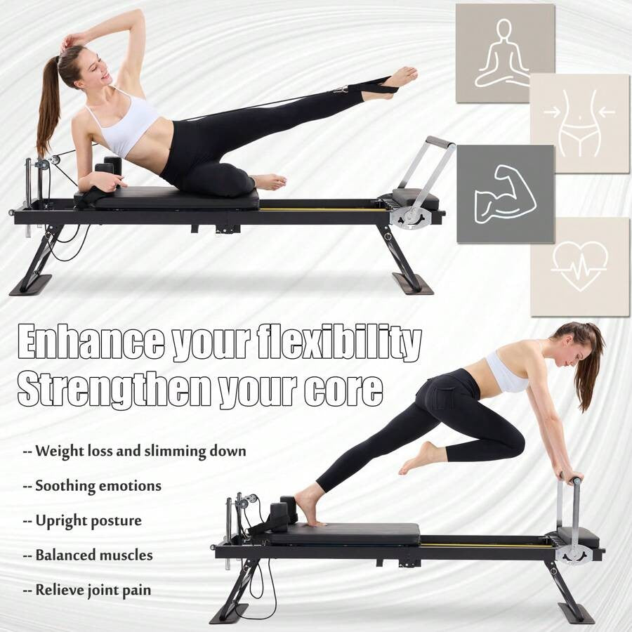 Foldable Pilates Reformer With Headrest Black