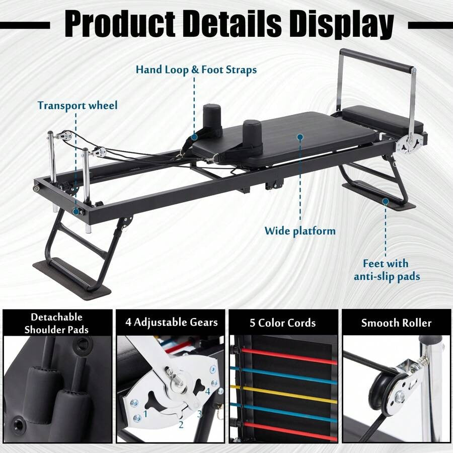 Foldable Pilates Reformer With Headrest Black