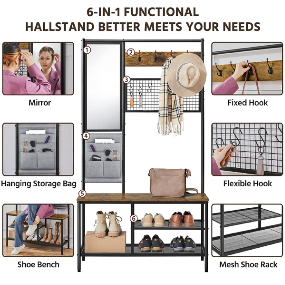 Six-in-one Hall Tree with Shoe Storage Bench/ Mirror/ Storage Bag/ Coat Rack