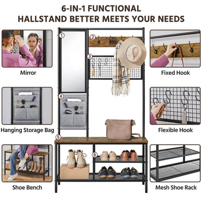 Six-in-one Hall Tree with Shoe Storage Bench/ Mirror/ Storage Bag/ Coat Rack