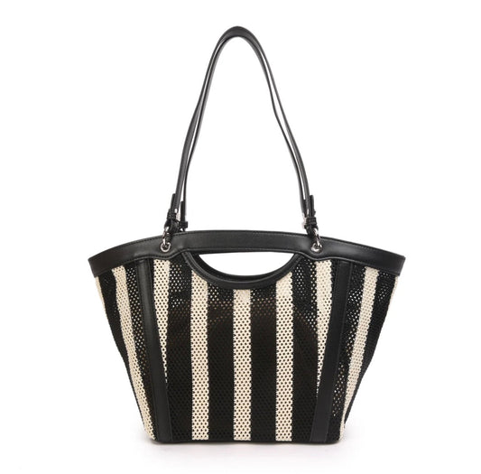 Women’s Black & White Woven Tote Bag – Minimalist Shoulder Handbag with Drawstring Inner Pouch