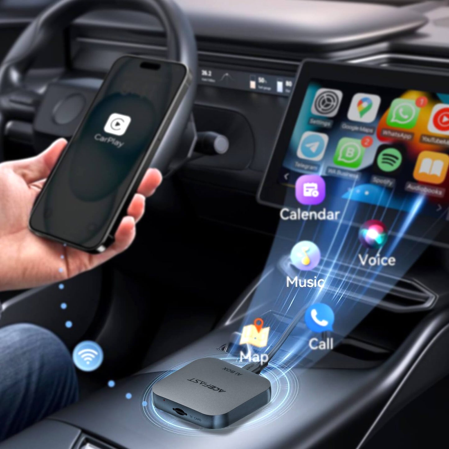Acefast Wireless CarPlay Android Auto AI Box Adapter with Streaming Apps QC2