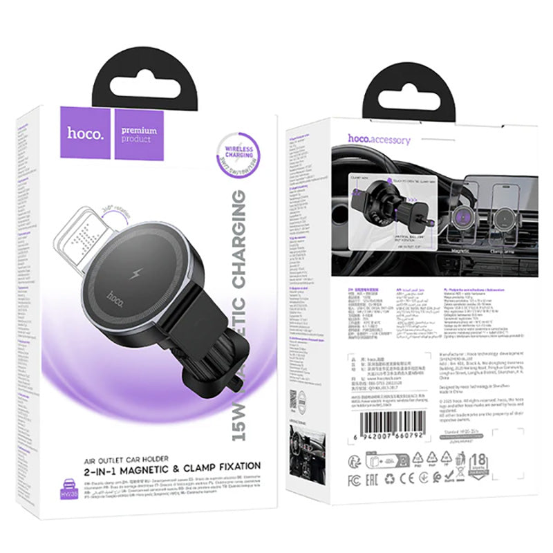Hoco 15W Wireless Charging Magnetic & Clamp Air Vent Car Phone Holder HW35