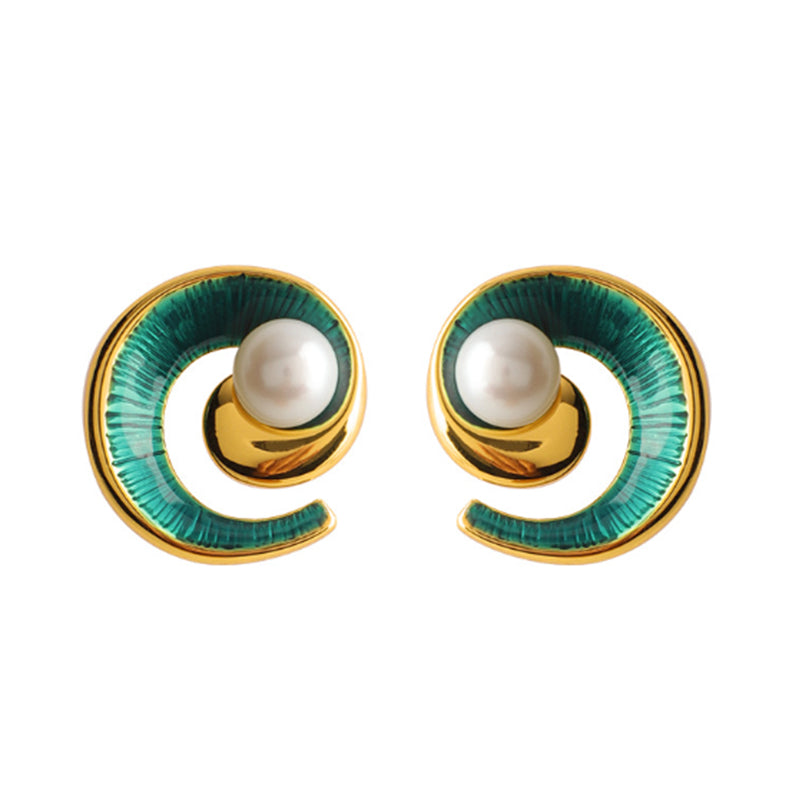 Embellique Retro Enamel Conch Freshwater Pearls Earrings