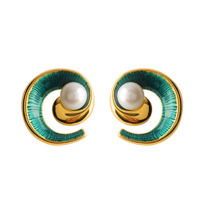 Embellique Retro Enamel Conch Freshwater Pearls Earrings