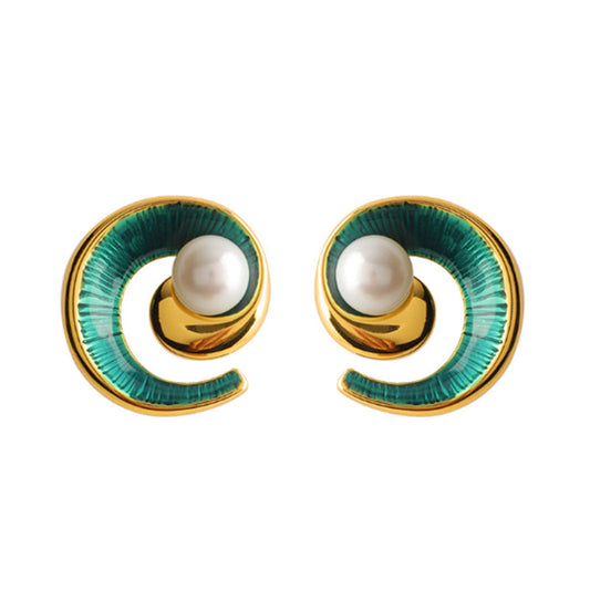 Embellique Retro Enamel Conch Freshwater Pearls Earrings