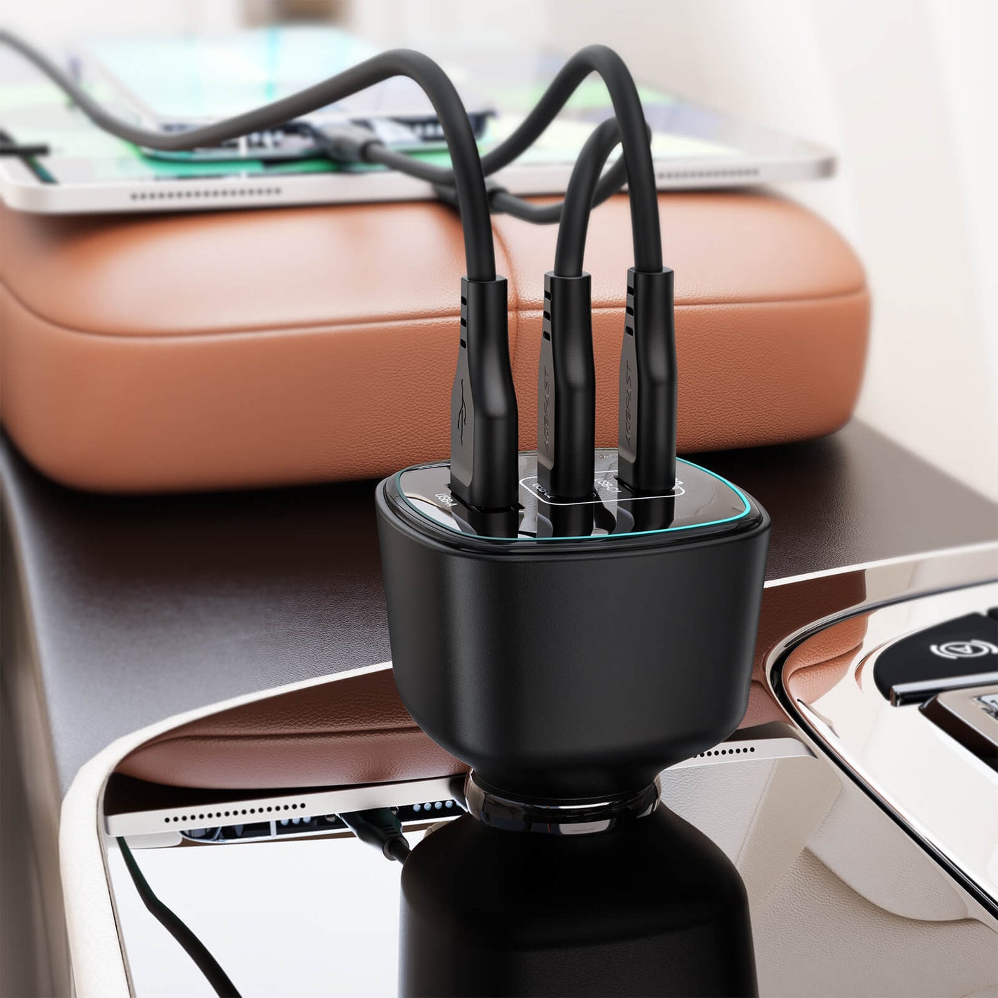 Acefast 200W Super Fast Triple Port Car Charger with Ice Blue LED Light B18