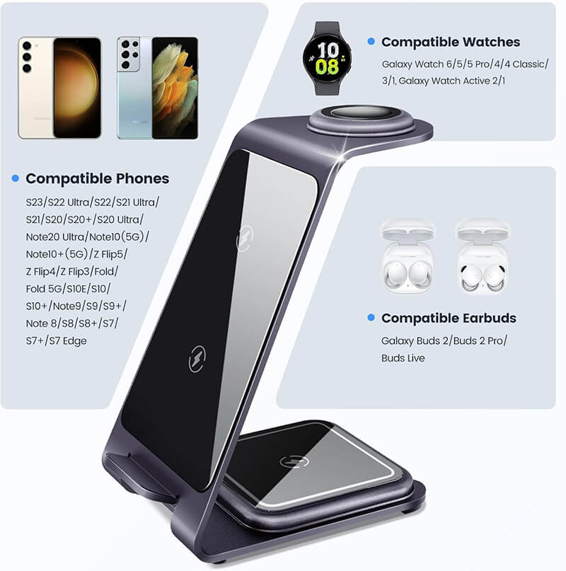 Desktop 3-in-1 Compatible with Phone Samsung Watch Earbuds 15W Fast Wireless Charging Stand