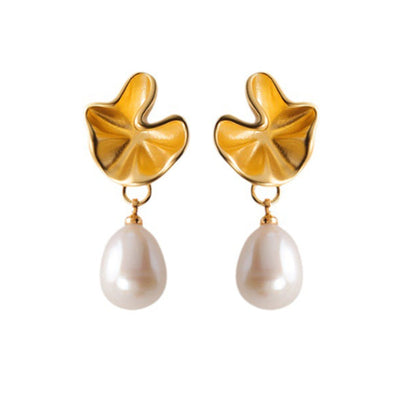 Embellique Gold Plated Brass with Natural Water Pearl Earrings Lotus Leaf Shape